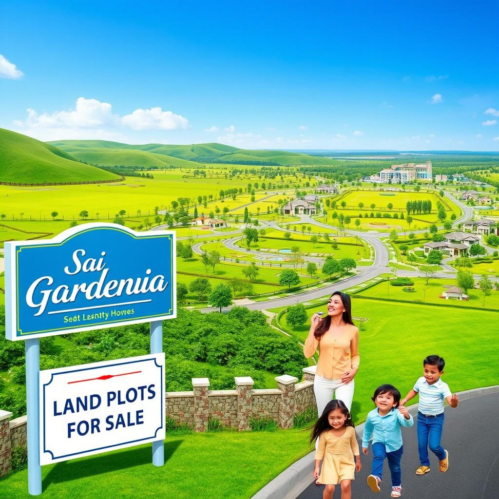 A vibrant advertisement for the sale of land plots in a picturesque residential area called 'Sai Gardenia'