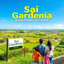 A vibrant advertisement for the sale of land plots in a picturesque residential area called 'Sai Gardenia'