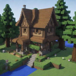 A detailed and well-crafted medieval house in the blocky, pixel-art style of Minecraft. The house is surrounded by lush, pixelated greenery.