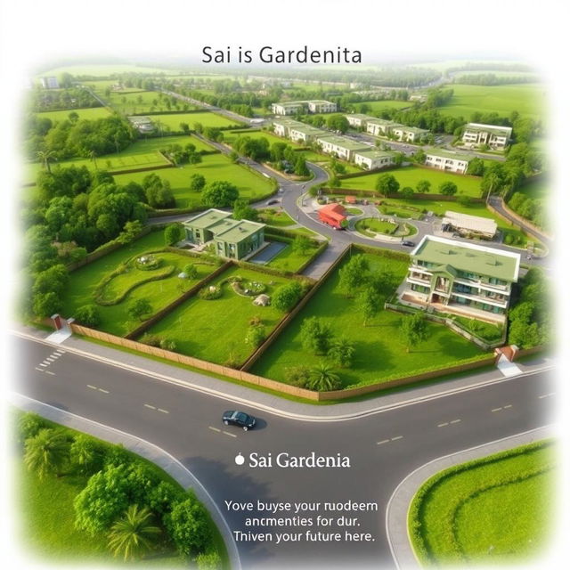 A simple and elegant portrayal of Sai Gardenia, highlighting lush green residential plots and modern amenities in a serene landscape