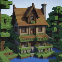 A detailed and well-crafted medieval house in the blocky, pixel-art style of Minecraft. The house is surrounded by lush, pixelated greenery.