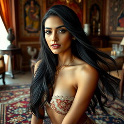 A stunning Persian woman with long flowing black hair, gracefully posing in a tasteful and artful manner, her expression confident and serene