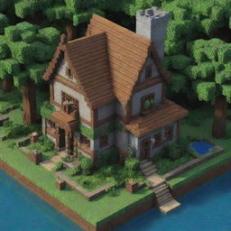 A detailed and well-crafted medieval house in the blocky, pixel-art style of Minecraft. The house is surrounded by lush, pixelated greenery.