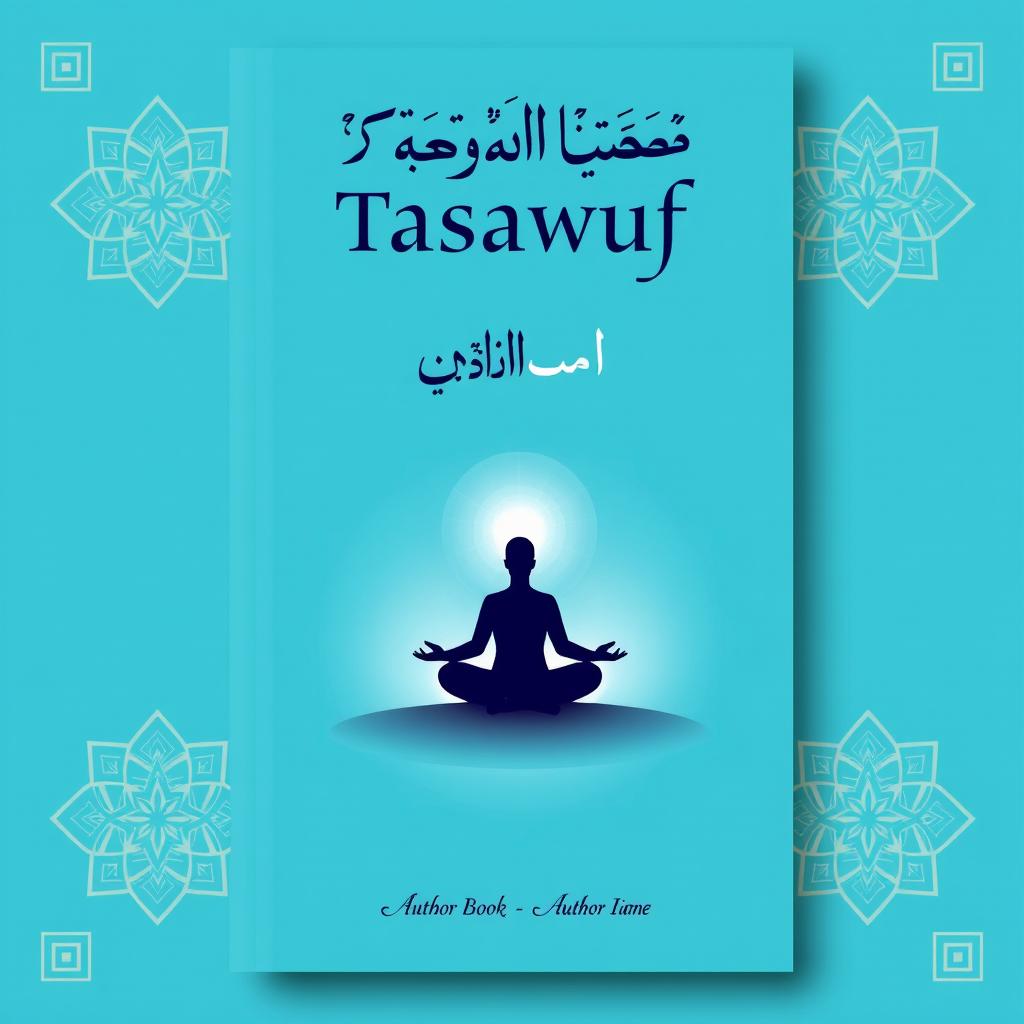 A book cover design for a Tasawuf book, featuring a serene blue background