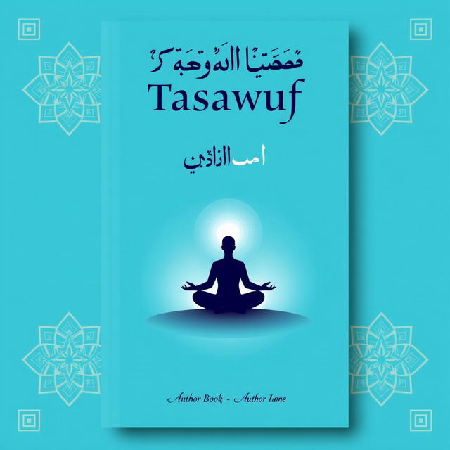 A book cover design for a Tasawuf book, featuring a serene blue background