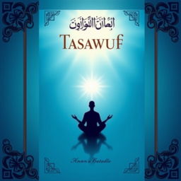 A book cover design for a Tasawuf book, featuring a serene blue background