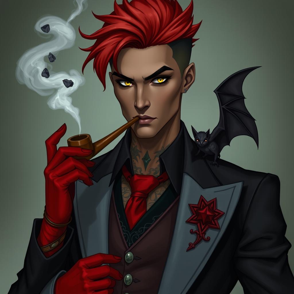 A blood mage wearing a black and gray suit, with a red tie and red gloves