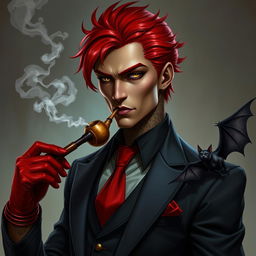 A blood mage wearing a black and gray suit, with a red tie and red gloves