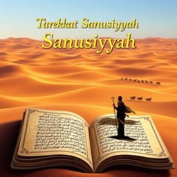 A book cover design for 'Tarekat Sanusiyyah', featuring a vast desert landscape as the background