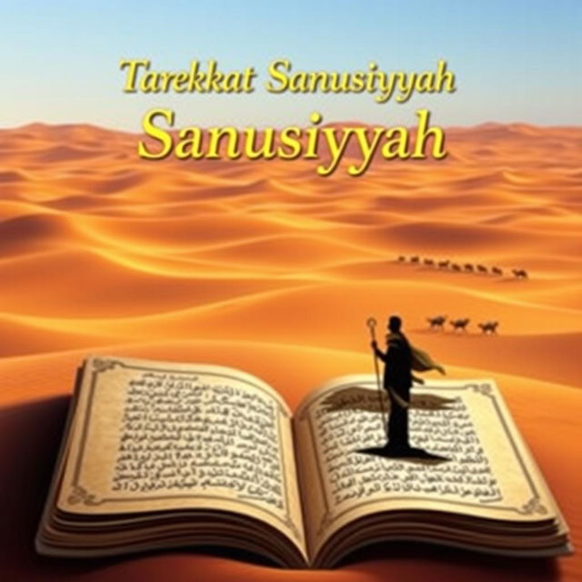 A book cover design for 'Tarekat Sanusiyyah', featuring a vast desert landscape as the background