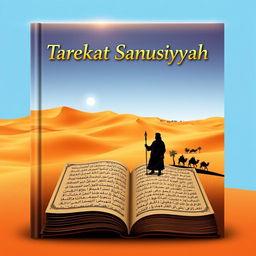 A book cover design for 'Tarekat Sanusiyyah', featuring a vast desert landscape as the background