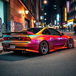 A highly customized Nissan 180sx parked in an urban setting, showcasing its lowered stance, wide fender flares, and distinctive rear spoiler