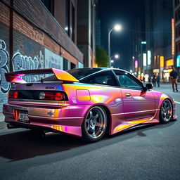 A highly customized Nissan 180sx parked in an urban setting, showcasing its lowered stance, wide fender flares, and distinctive rear spoiler