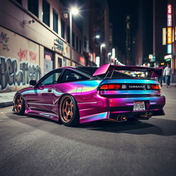 A highly customized Nissan 180sx parked in an urban setting, showcasing its lowered stance, wide fender flares, and distinctive rear spoiler