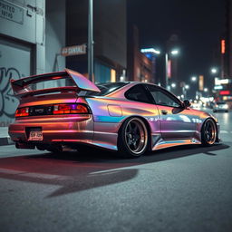 A highly customized Nissan 180sx parked in an urban setting, showcasing its lowered stance, wide fender flares, and distinctive rear spoiler