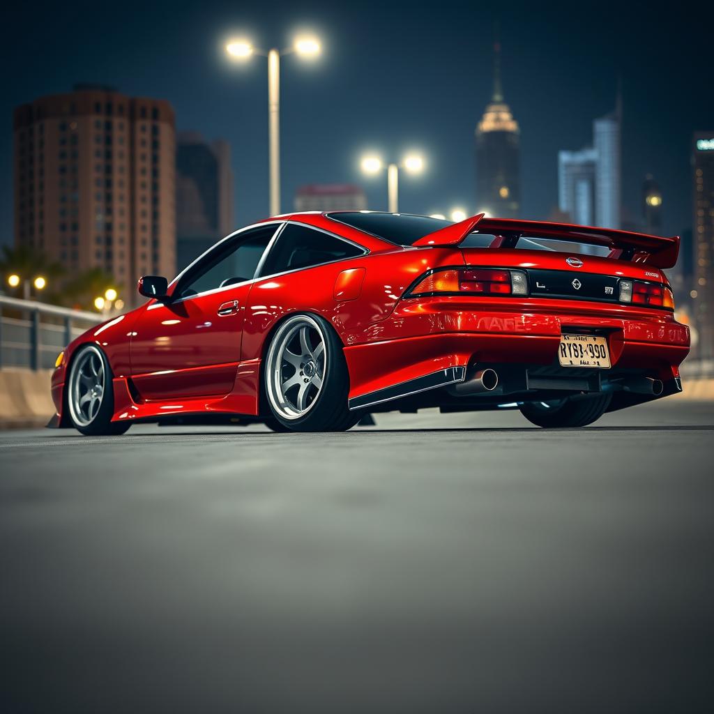 A customized Nissan 180sx car, showcasing its sporty modifications including a distinctive front lip, side skirts, and a performance exhaust