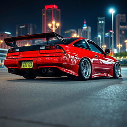 A customized Nissan 180sx car, showcasing its sporty modifications including a distinctive front lip, side skirts, and a performance exhaust