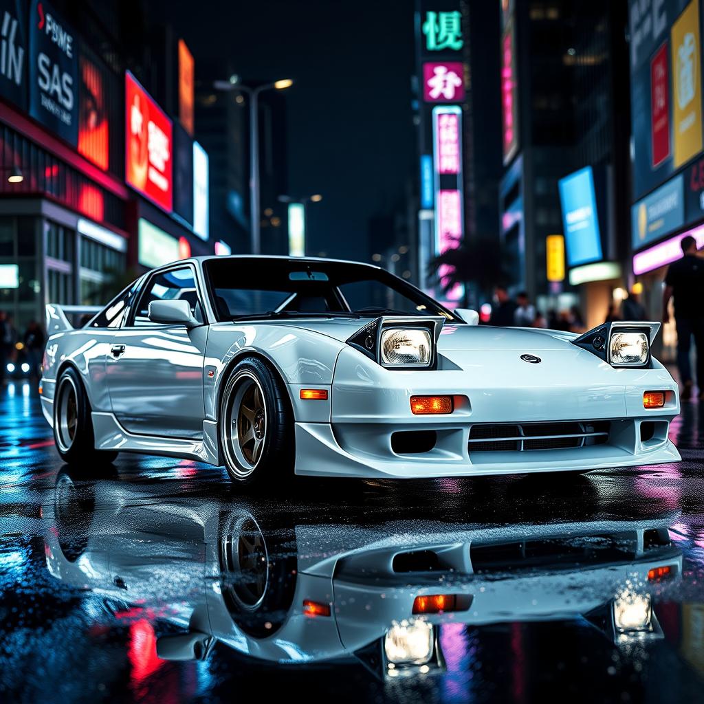 A pristine Nissan 180sx car in a classic racing setup, featuring its iconic pop-up headlights and sleek lines