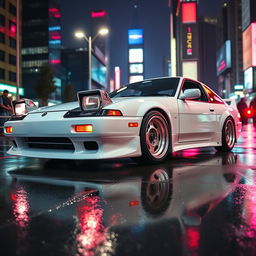 A pristine Nissan 180sx car in a classic racing setup, featuring its iconic pop-up headlights and sleek lines