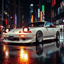 A pristine Nissan 180sx car in a classic racing setup, featuring its iconic pop-up headlights and sleek lines