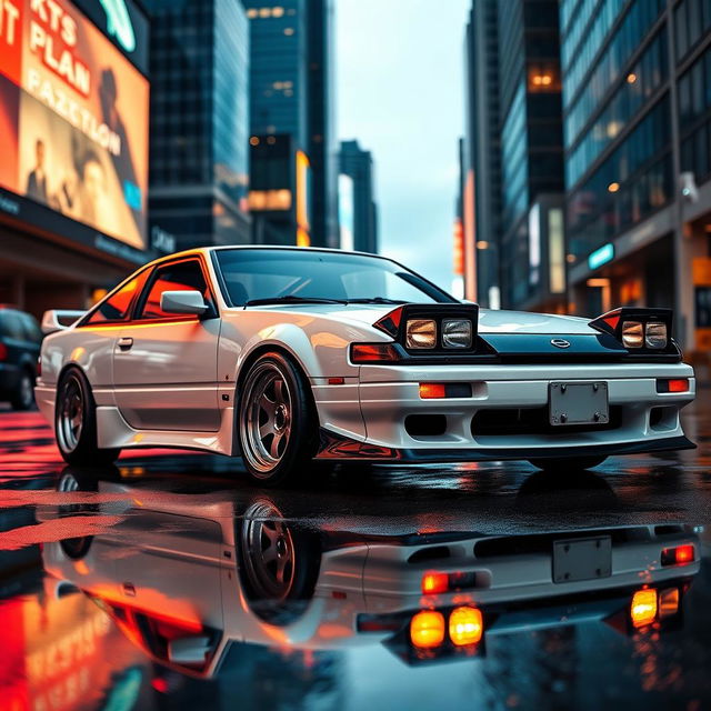 A pristine Nissan 180sx car in a classic racing setup, featuring its iconic pop-up headlights and sleek lines