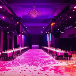 A festive party hall adorned with bright lights, colorful balloons, long banquet tables covered with table cloths, festive decorations, and a vibrant dance floor.