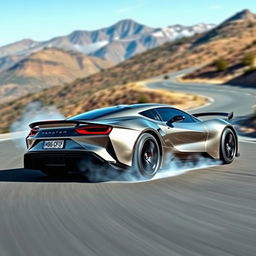 A sleek, modern sports car performing an impressive drift maneuver on a winding mountain road