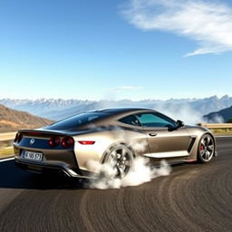 A sleek, modern sports car performing an impressive drift maneuver on a winding mountain road