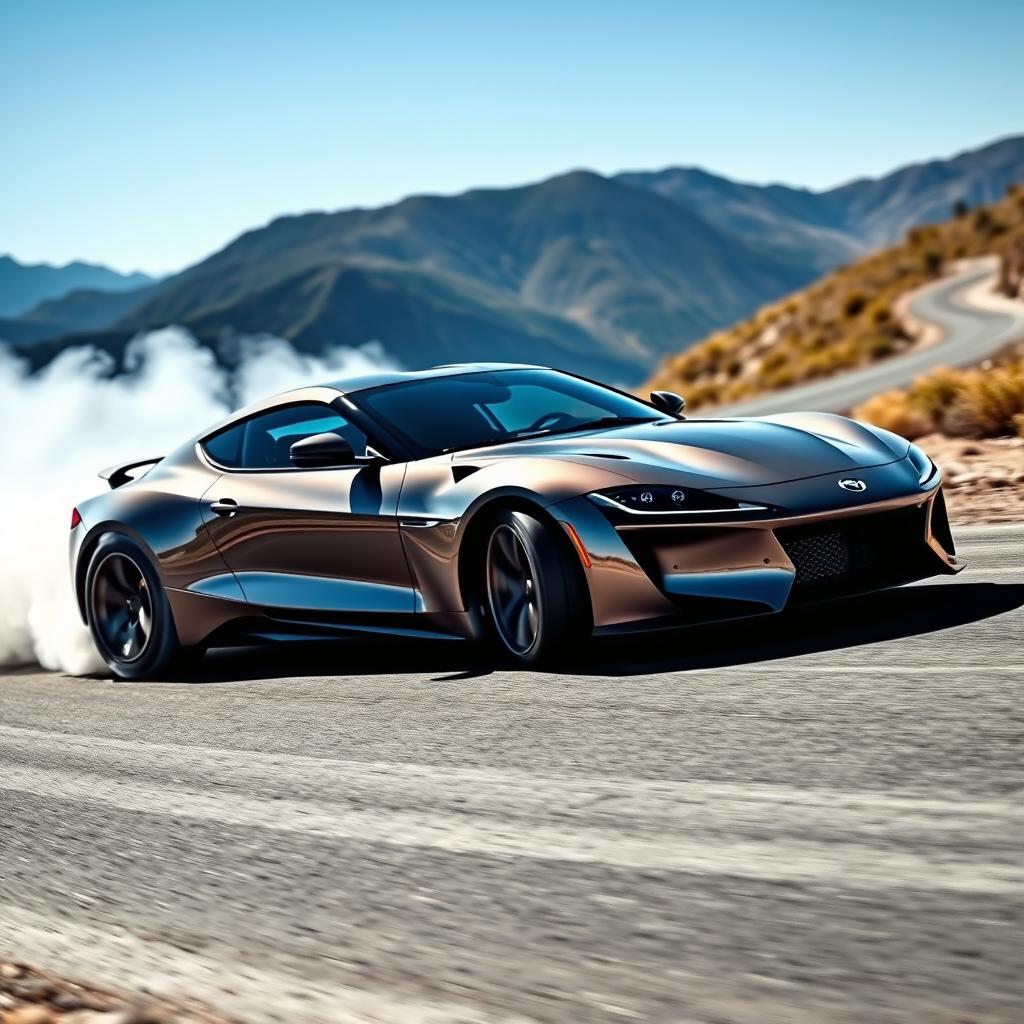 A sleek, modern sports car performing an impressive drift maneuver on a winding mountain road