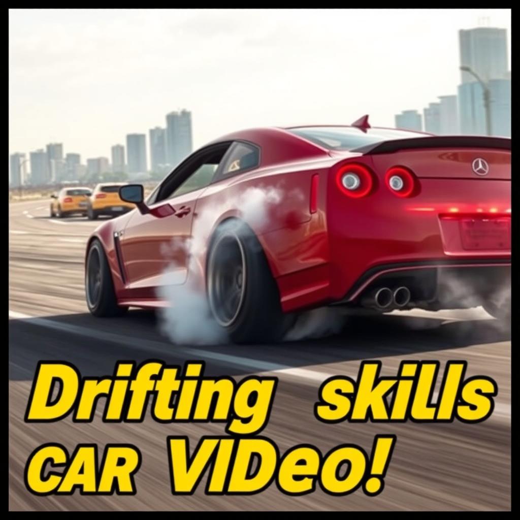 A captivating thumbnail image for a video featuring a sporty car performing a high-speed drift on an open road