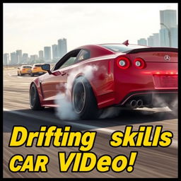 A captivating thumbnail image for a video featuring a sporty car performing a high-speed drift on an open road