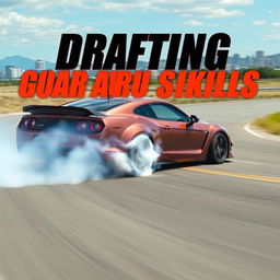 A captivating thumbnail image for a video featuring a sporty car performing a high-speed drift on an open road