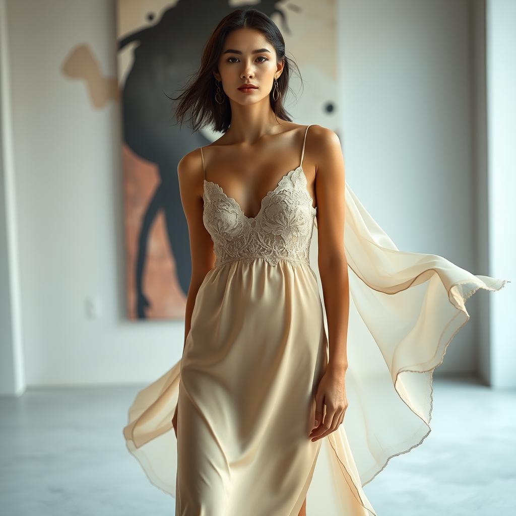 a fashion-forward scene featuring a model showcasing an elegant underdress, set against a chic artistic backdrop