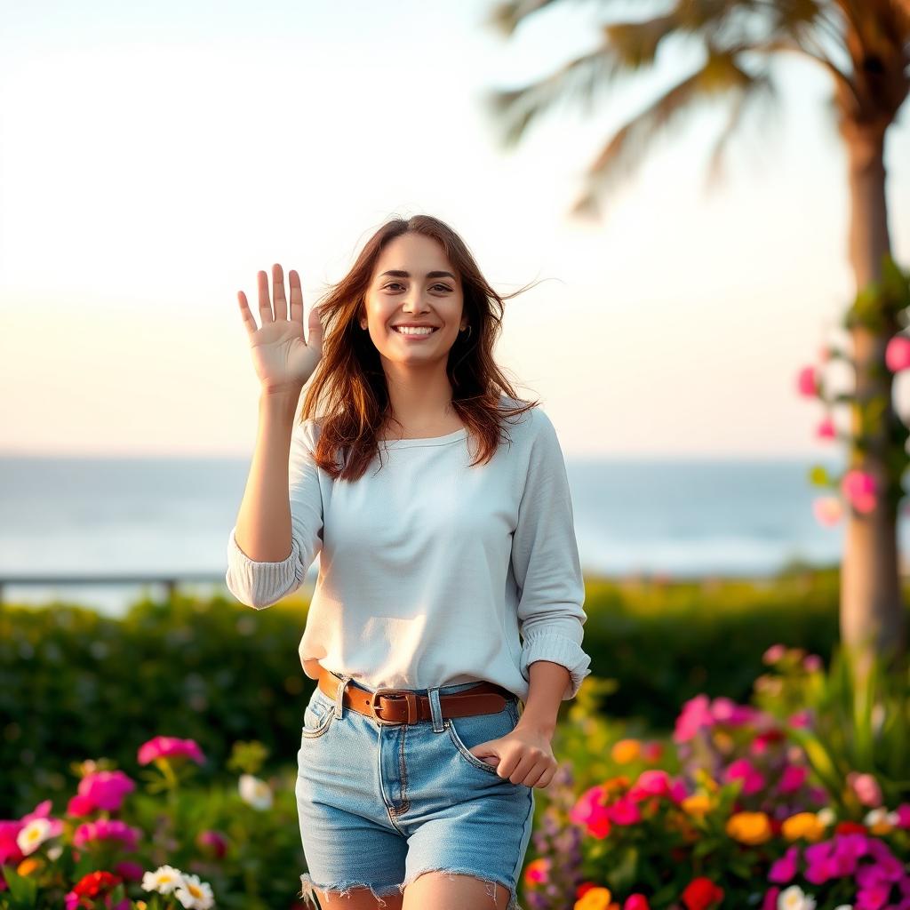 A woman standing with a warm smile, waving to her lover