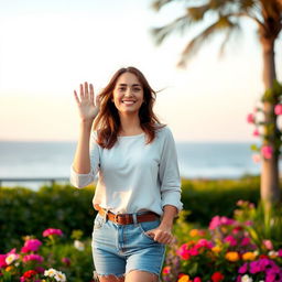 A woman standing with a warm smile, waving to her lover