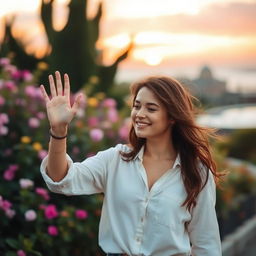 A woman standing with a warm smile, waving to her lover