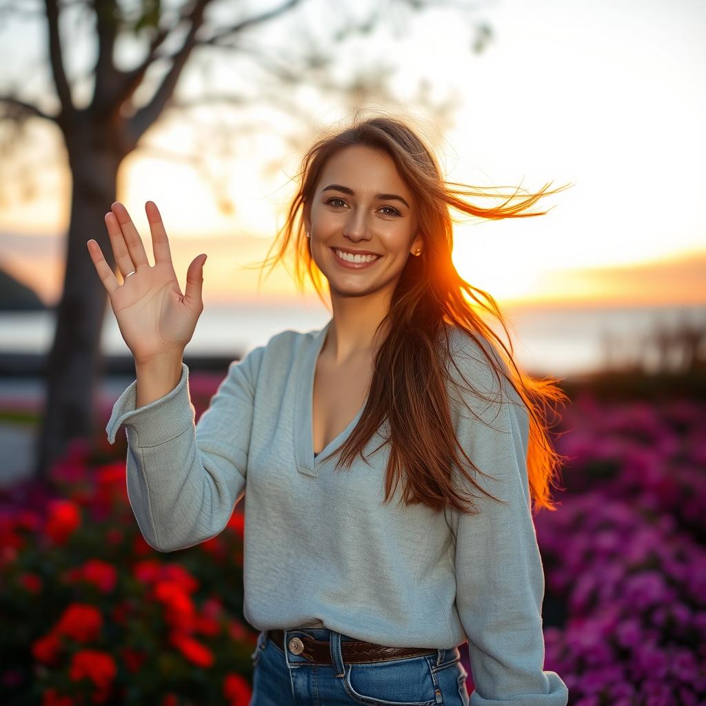 A woman standing with a warm smile, waving to her lover