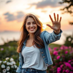 A woman standing with a warm smile, waving to her lover