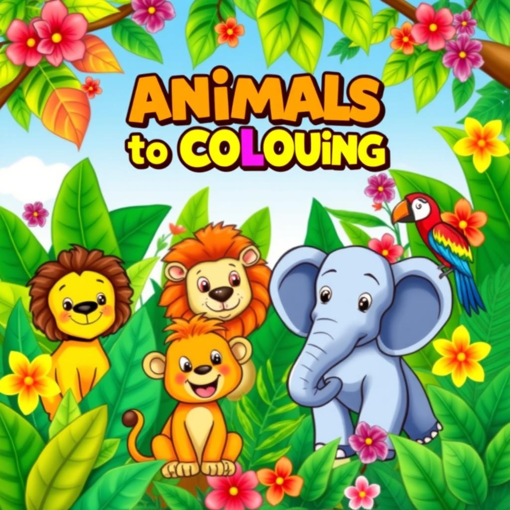 Create a vibrant and colorful book cover for children featuring a playful jungle scene with a variety of cute animals such as a friendly lion, a cheerful elephant, a curious monkey, and a colorful parrot