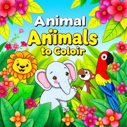 Create a vibrant and colorful book cover for children featuring a playful jungle scene with a variety of cute animals such as a friendly lion, a cheerful elephant, a curious monkey, and a colorful parrot