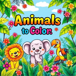 Create a vibrant and colorful book cover for children featuring a playful jungle scene with a variety of cute animals such as a friendly lion, a cheerful elephant, a curious monkey, and a colorful parrot