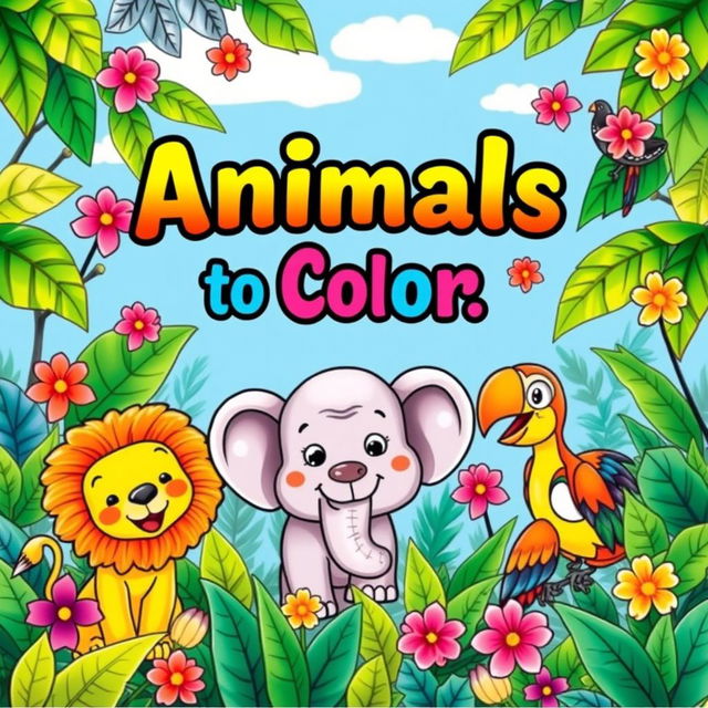 Create a vibrant and colorful book cover for children featuring a playful jungle scene with a variety of cute animals such as a friendly lion, a cheerful elephant, a curious monkey, and a colorful parrot