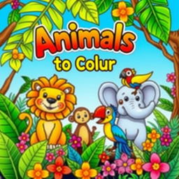 Create a vibrant and colorful book cover for children featuring a playful jungle scene with a variety of cute animals such as a friendly lion, a cheerful elephant, a curious monkey, and a colorful parrot