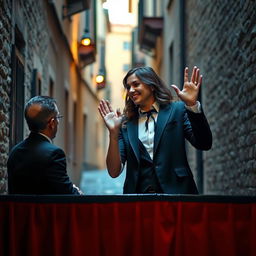 A woman with a warm smile, waving to her lover, positioned on a stage alongside a man