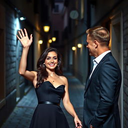 A woman with a warm smile, waving to her lover, positioned on a stage alongside a man