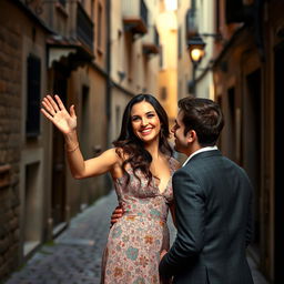 A woman with a warm smile, waving to her lover, positioned on a stage alongside a man