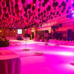 A festive party hall adorned with bright lights, colorful balloons, long banquet tables covered with table cloths, festive decorations, and a vibrant dance floor.