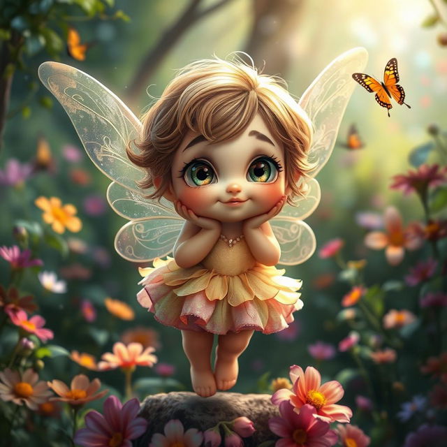 A short, chubby fairy with whimsical wings