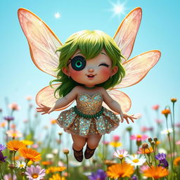 A whimsical short and plump fairy with an eye patch, featuring vibrant green hair