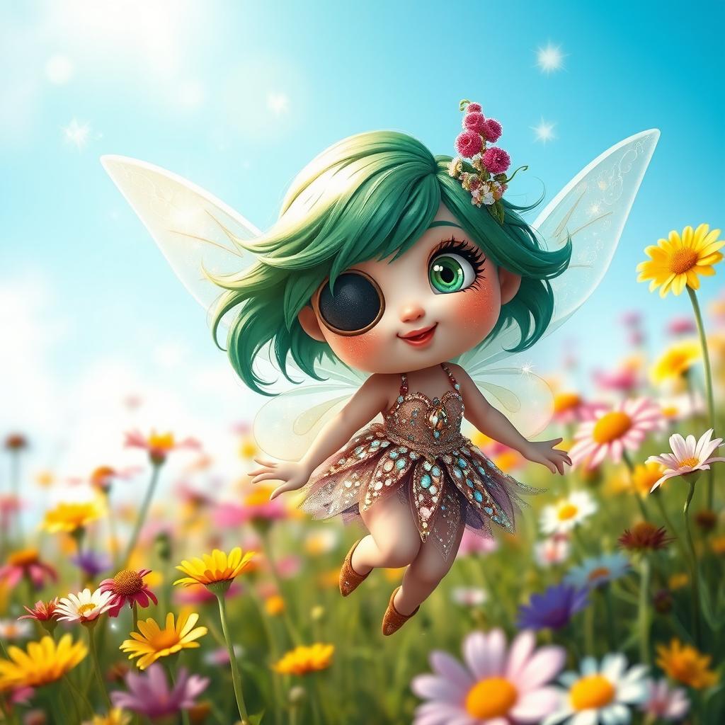 A whimsical short and plump fairy with an eye patch, featuring vibrant green hair